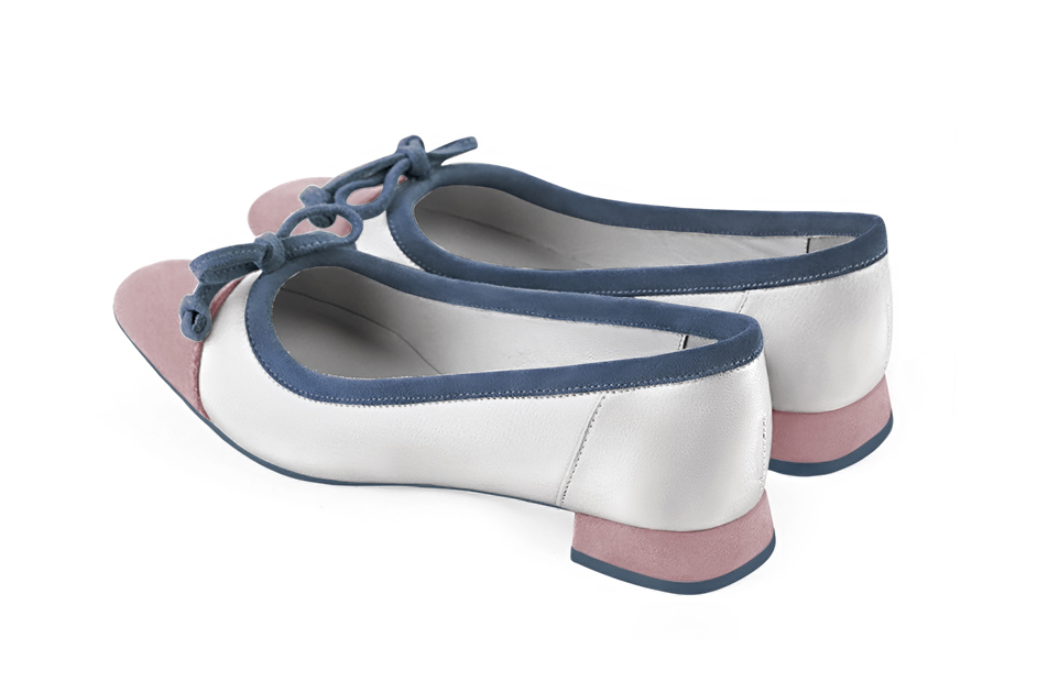 Dusty rose pink, light silver and denim blue women's ballet pumps, with low heels. Square toe. Flat flare heels. Rear view - Florence KOOIJMAN